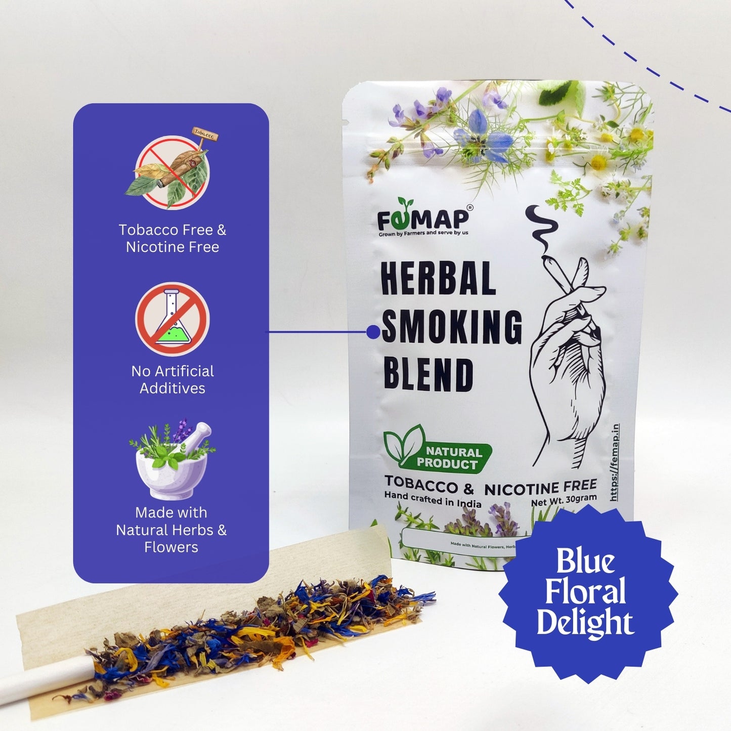FEMAP Herbal Smoking Blend packaging with blue floral delight label on a white background