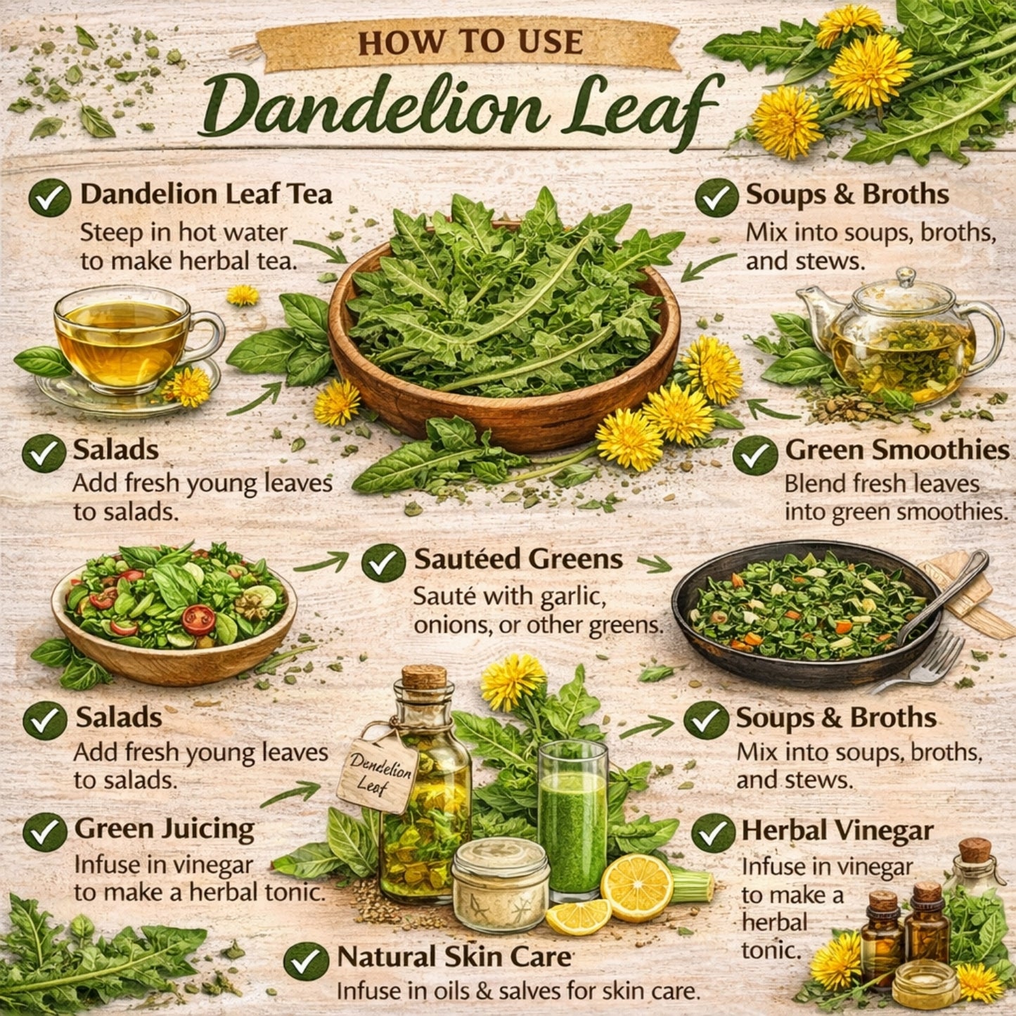 Infographic on how to use dandelion leaf with images and text.
