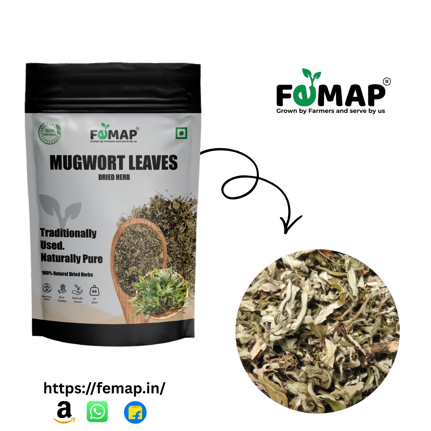 Package of FEMAP Mugwort Leaves with close-up of mugwort leaves and brand logo.