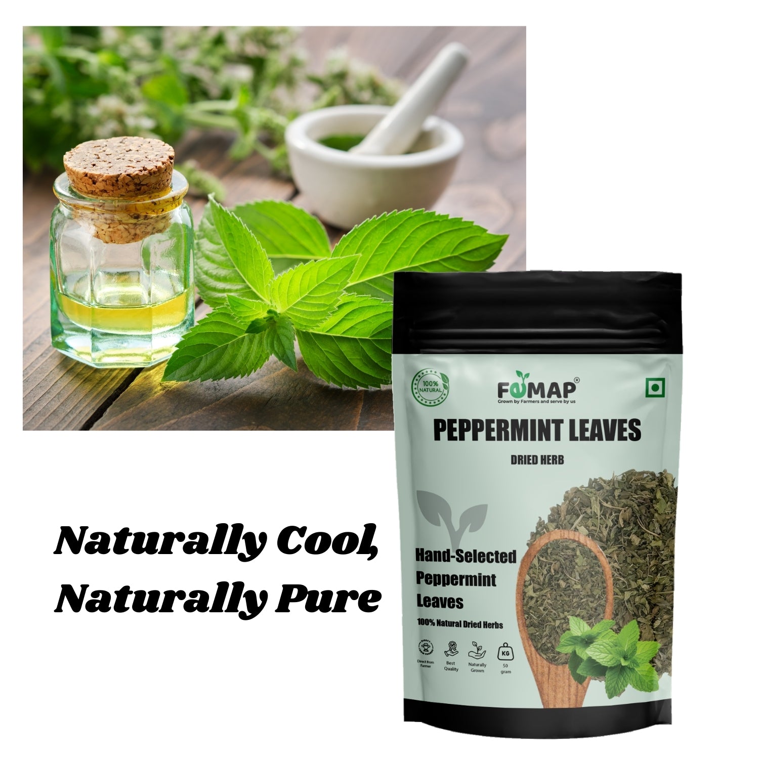FEMAP peppermint leaves packaging with a jar of oil and mint leaves on a wooden surface.