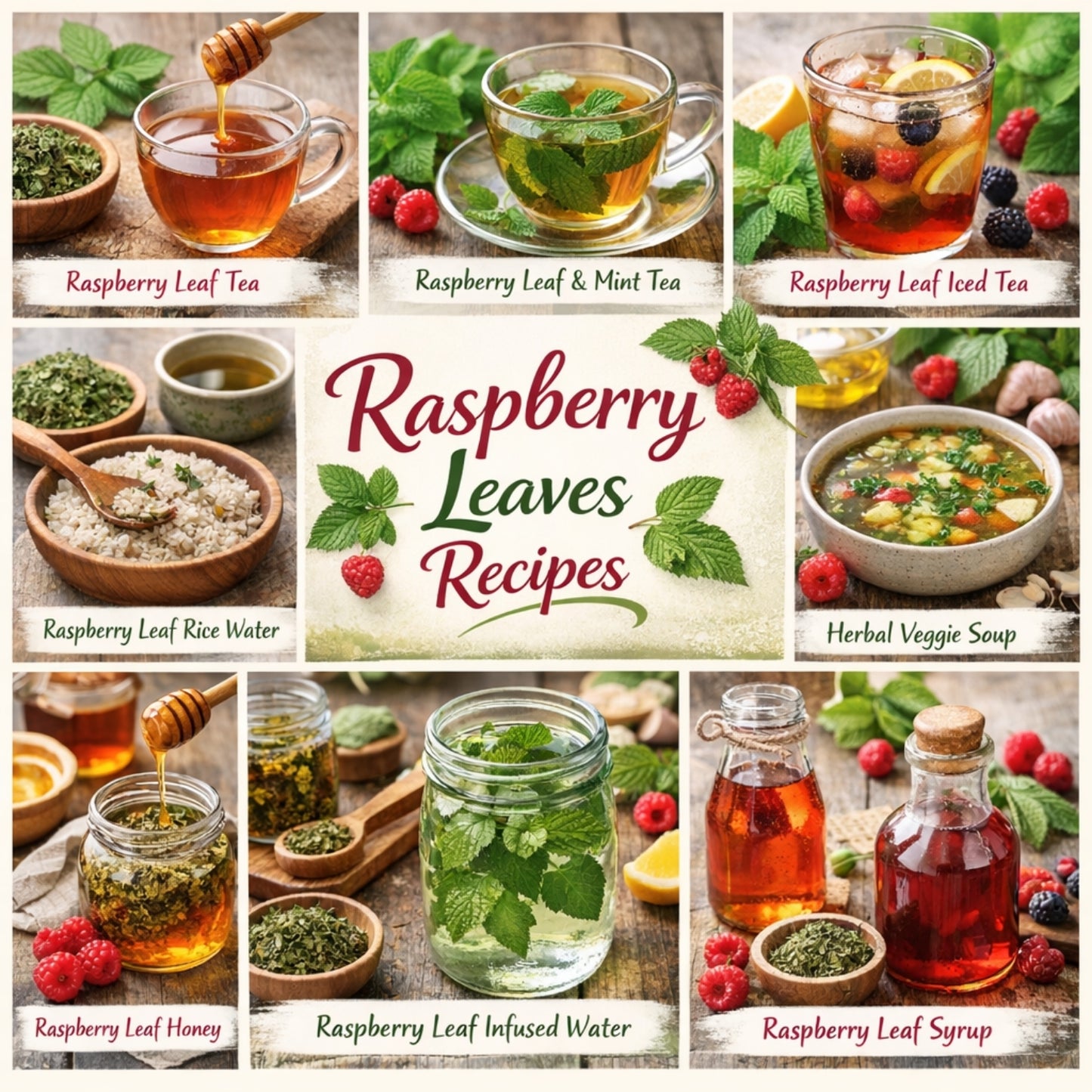 Collage of raspberry leaf products and recipes with text overlay.