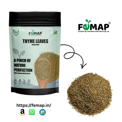 FEMAP thyme leaves packaging with a spoonful of thyme leaves on a white background
