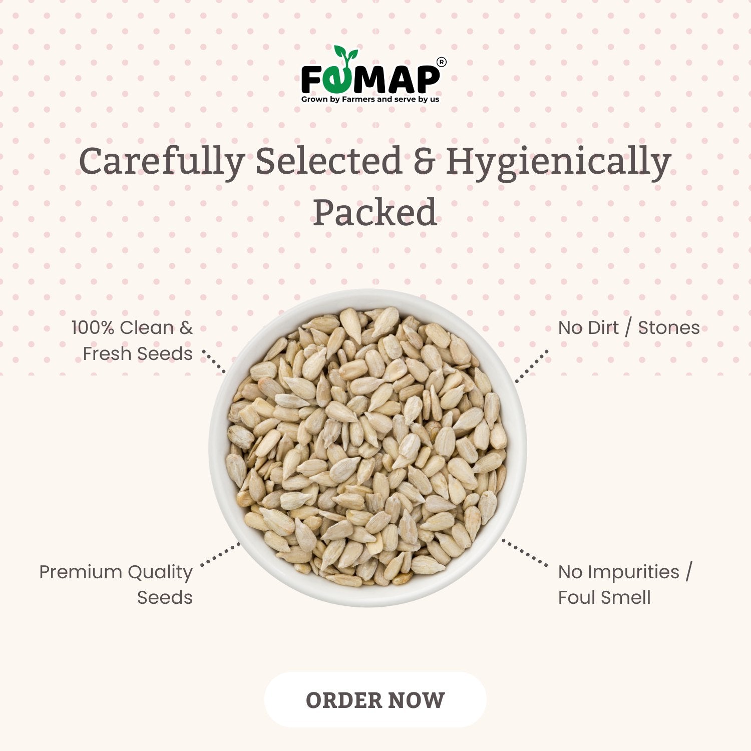 White bowl filled with seeds on a white background with FEMAP branding.