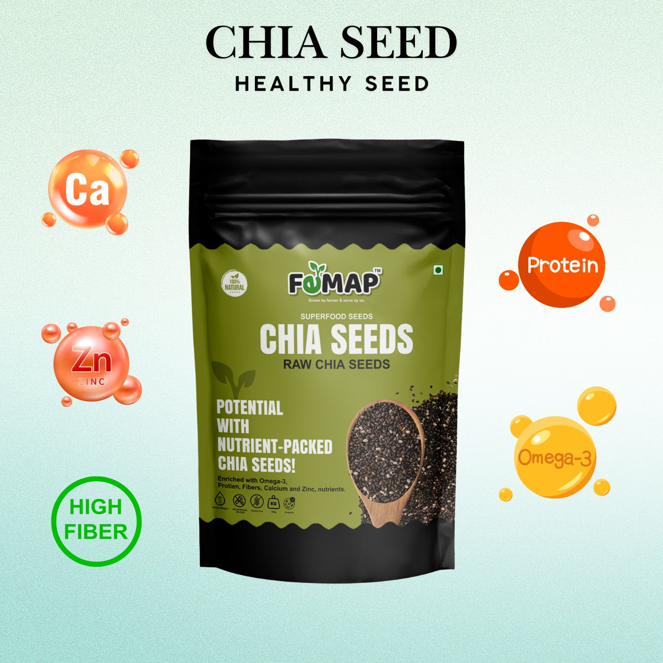 Femap chia seeds enriched with protein, calcium, zinc, omega-3, and high fiber for overall wellness.