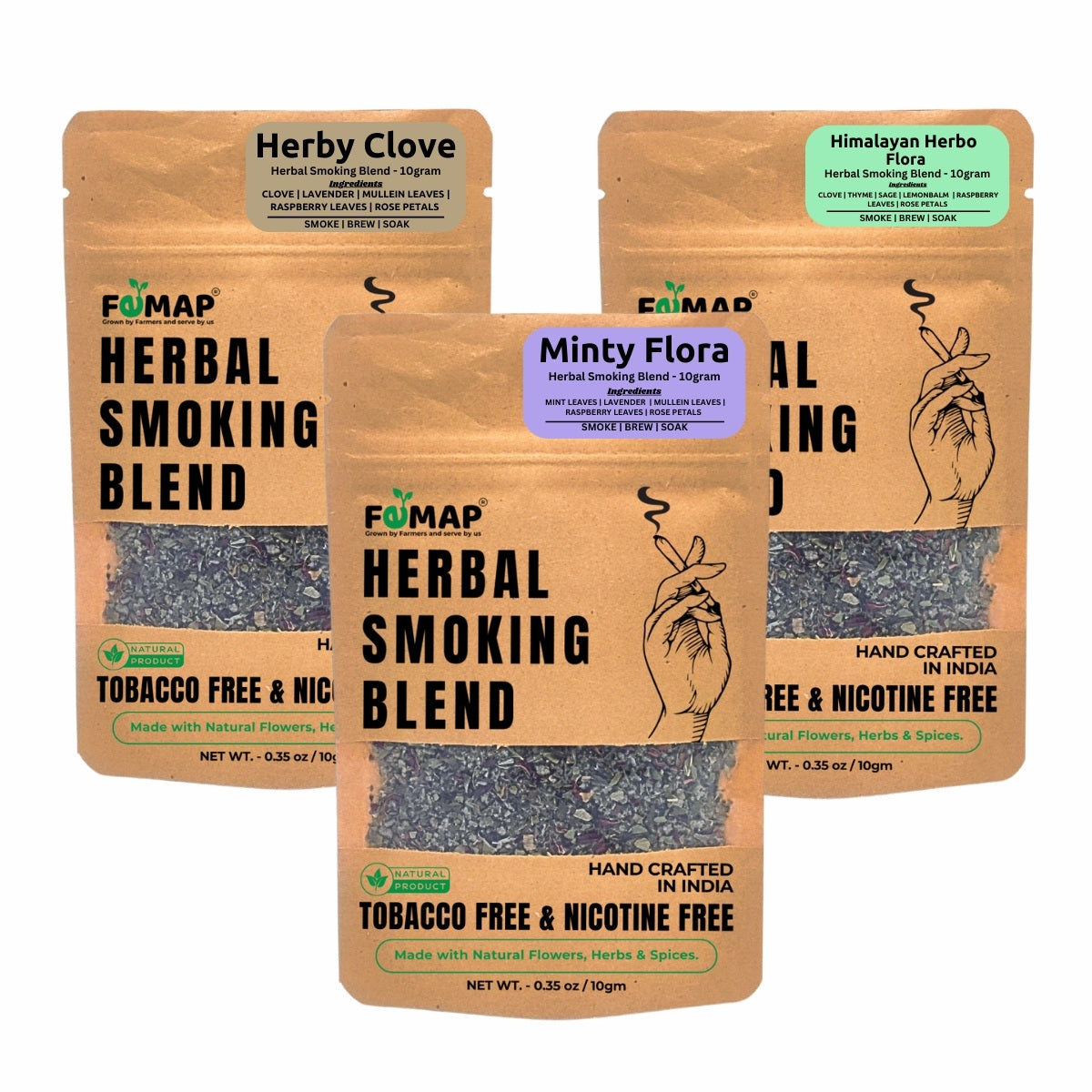 Three packages of FEMAP Herbal Smoking Blend on a white background