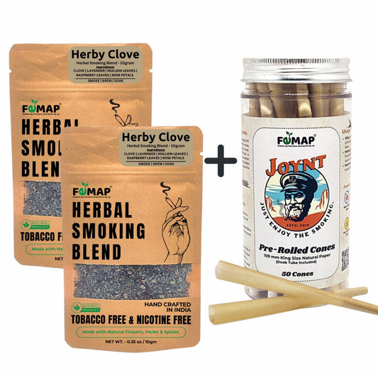 Two packages of FEMAP Herby Clove Herbal Smoking Blend and a container of Joynt pre-rolled cones on a white background.