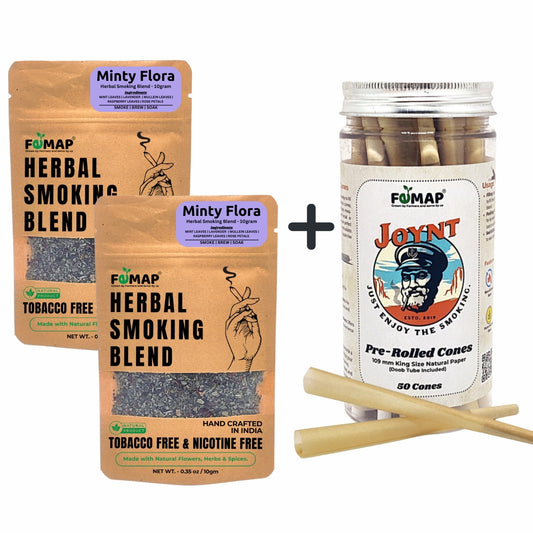 Two packages of FEMAP Herbal Smoking Blend and a jar of JOYNT pre-rolled cones on a white background.