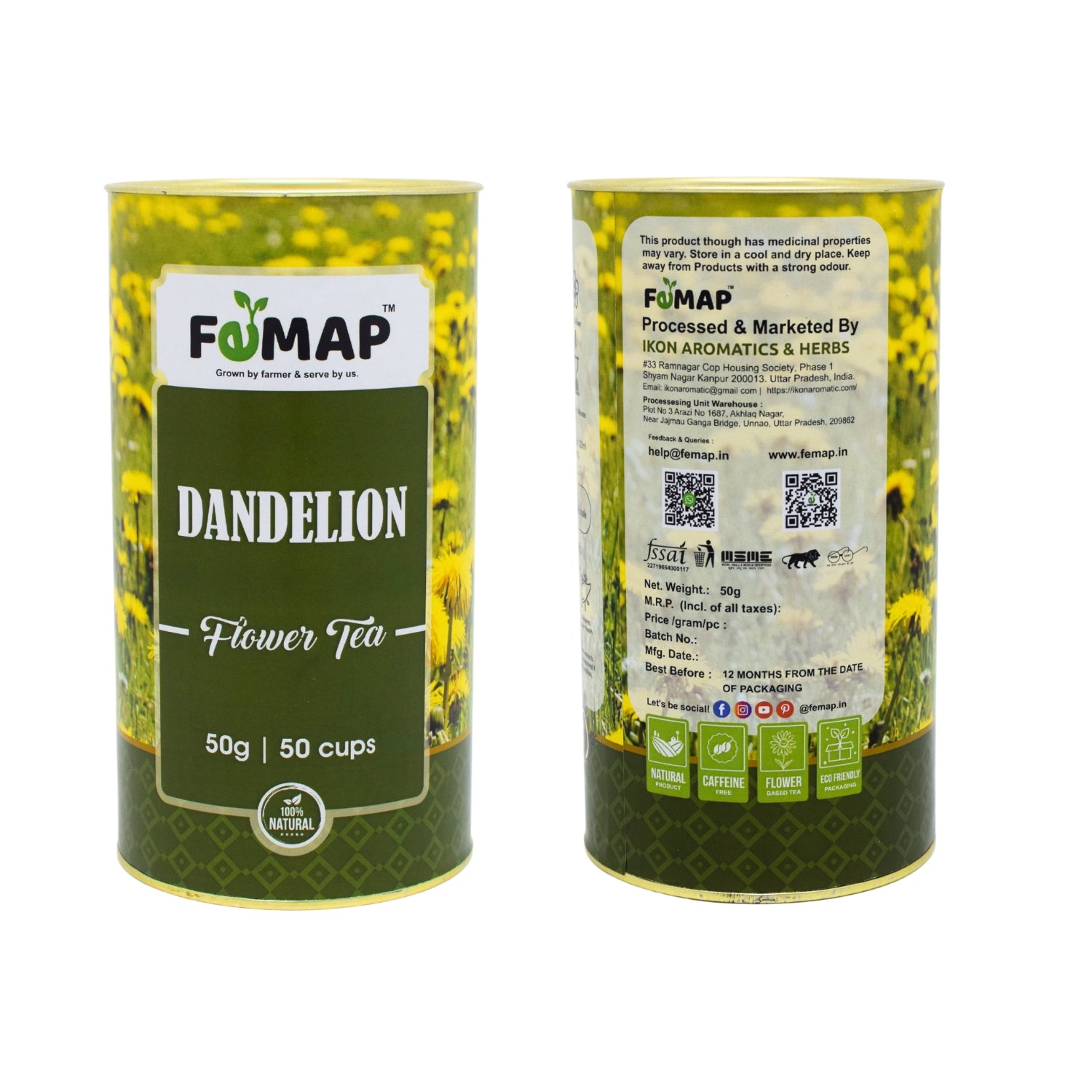 FEMAP Dandelion Tea packaging with nutritional info, manufacturer, and certifications.