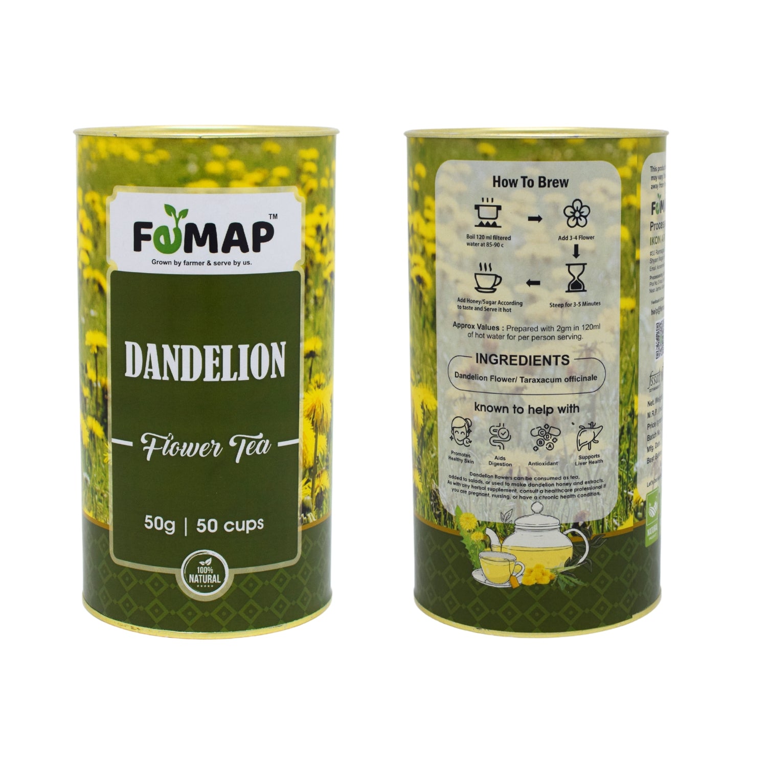 Dandelion Flower Tea front and back view showing ingredients and brewing instructions