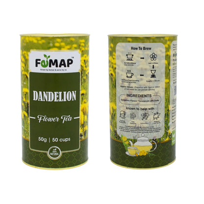 Dandelion Flower Tea front and back view showing ingredients and brewing instructions
