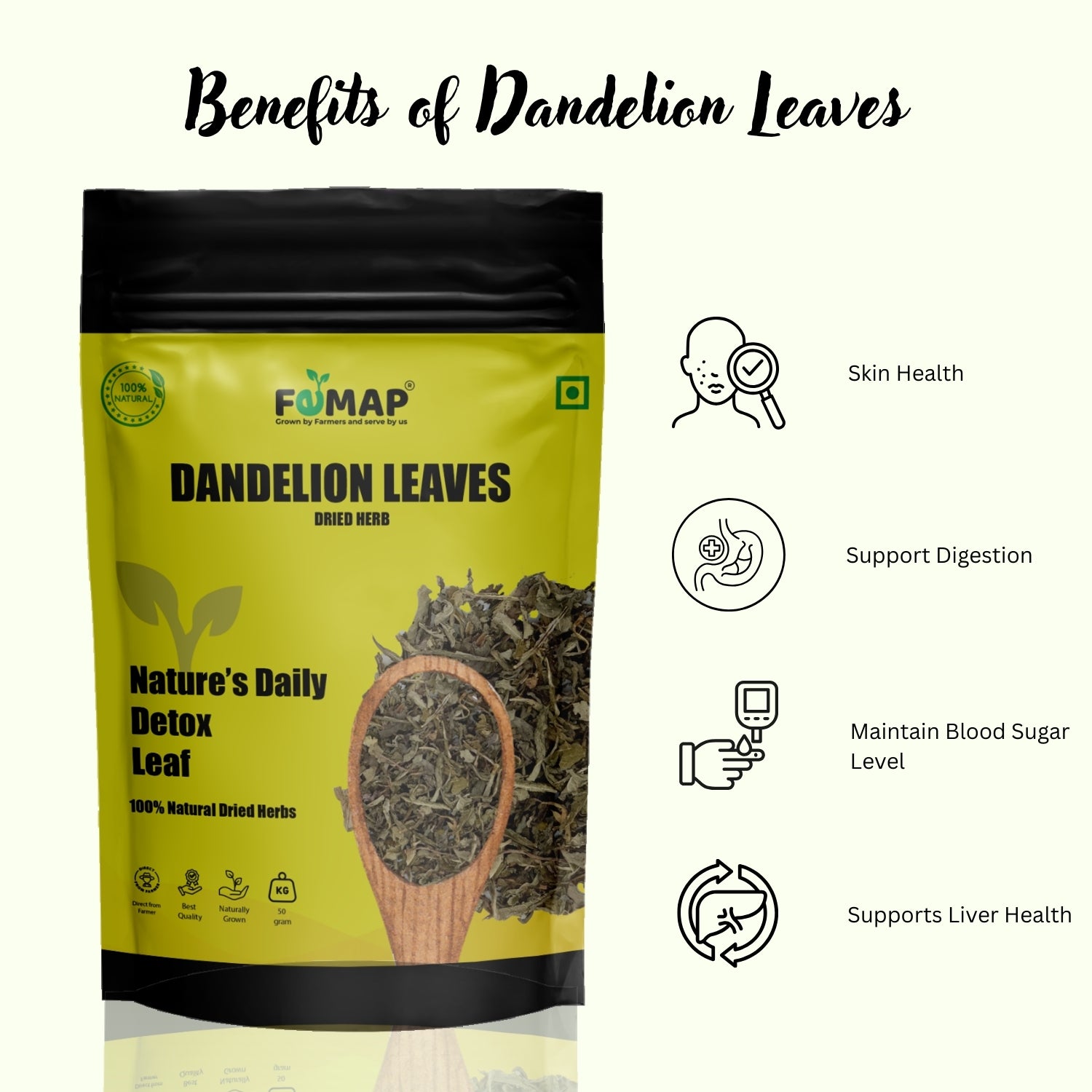FEMAP Dandelion Leaves packaging with benefits listed on a white background
