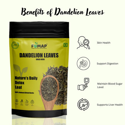 FEMAP Dandelion Leaves packaging with benefits listed on a white background