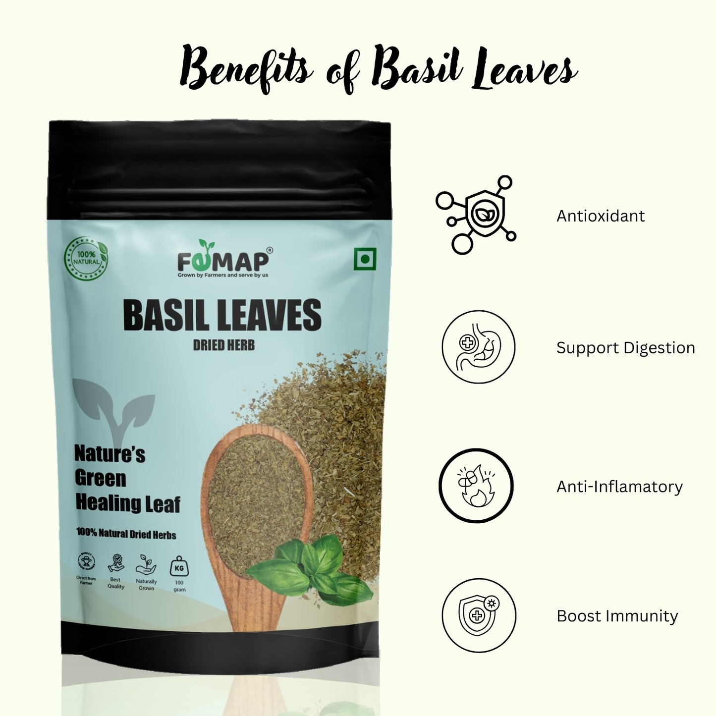 FEMAP basil leaves packaging with benefits listed on a white background