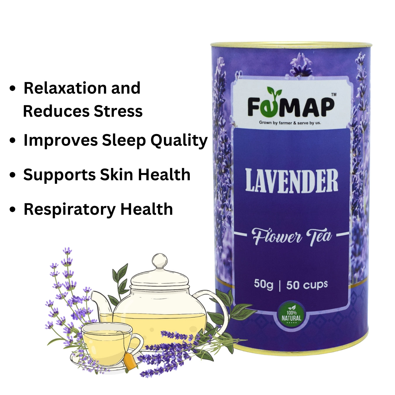 Femap Lavender Flower Tea 50g tin with health benefits – stress relief, better sleep, skin and respiratory support