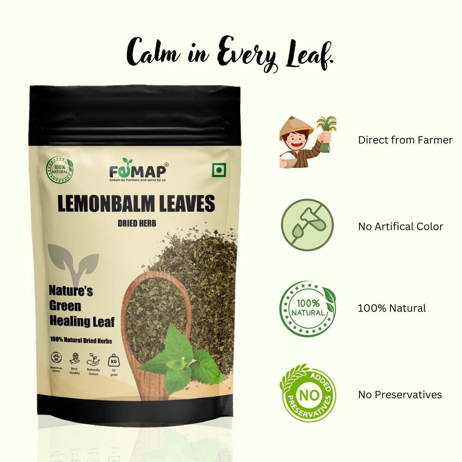 FEMAP lemonbalm leaves packaging with branding and product details on a white background