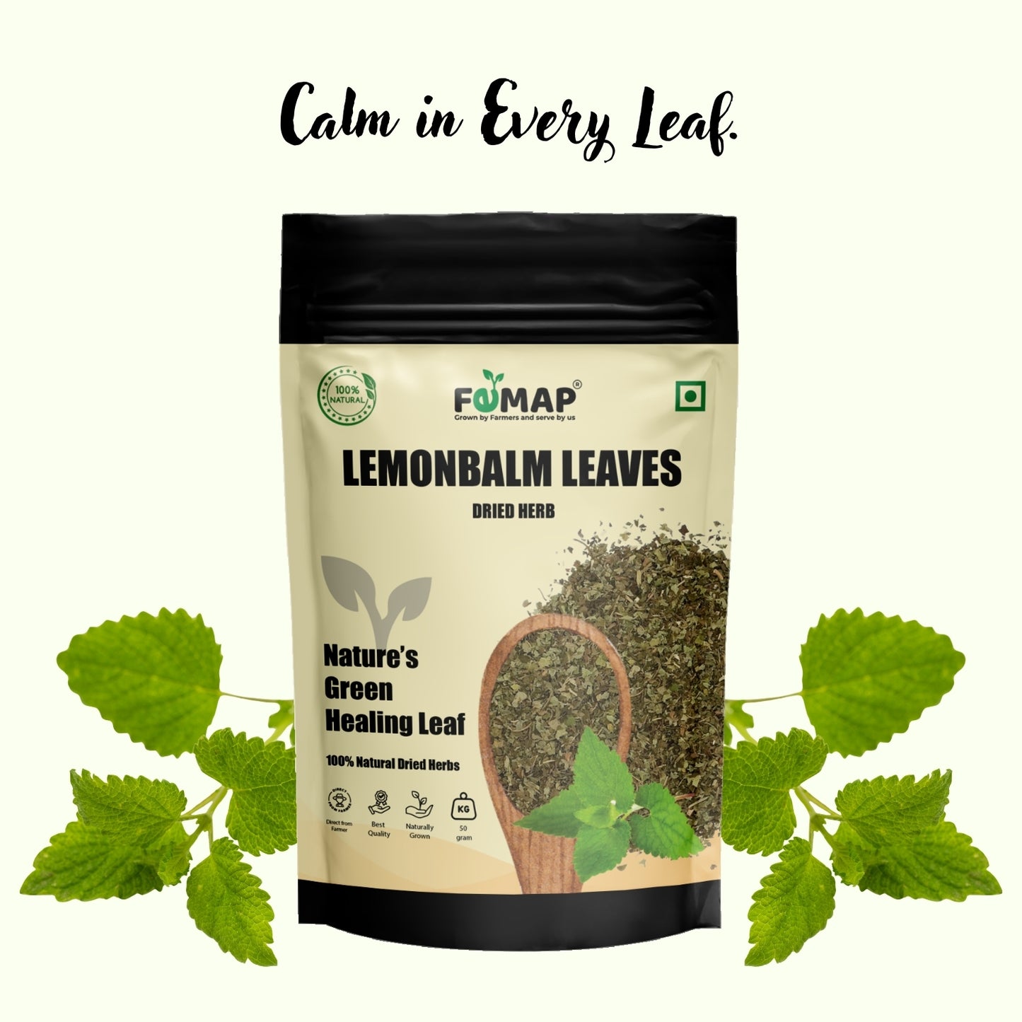 FEMAP lemonbalm leaves packaging with lemonbalm leaves on a white background
