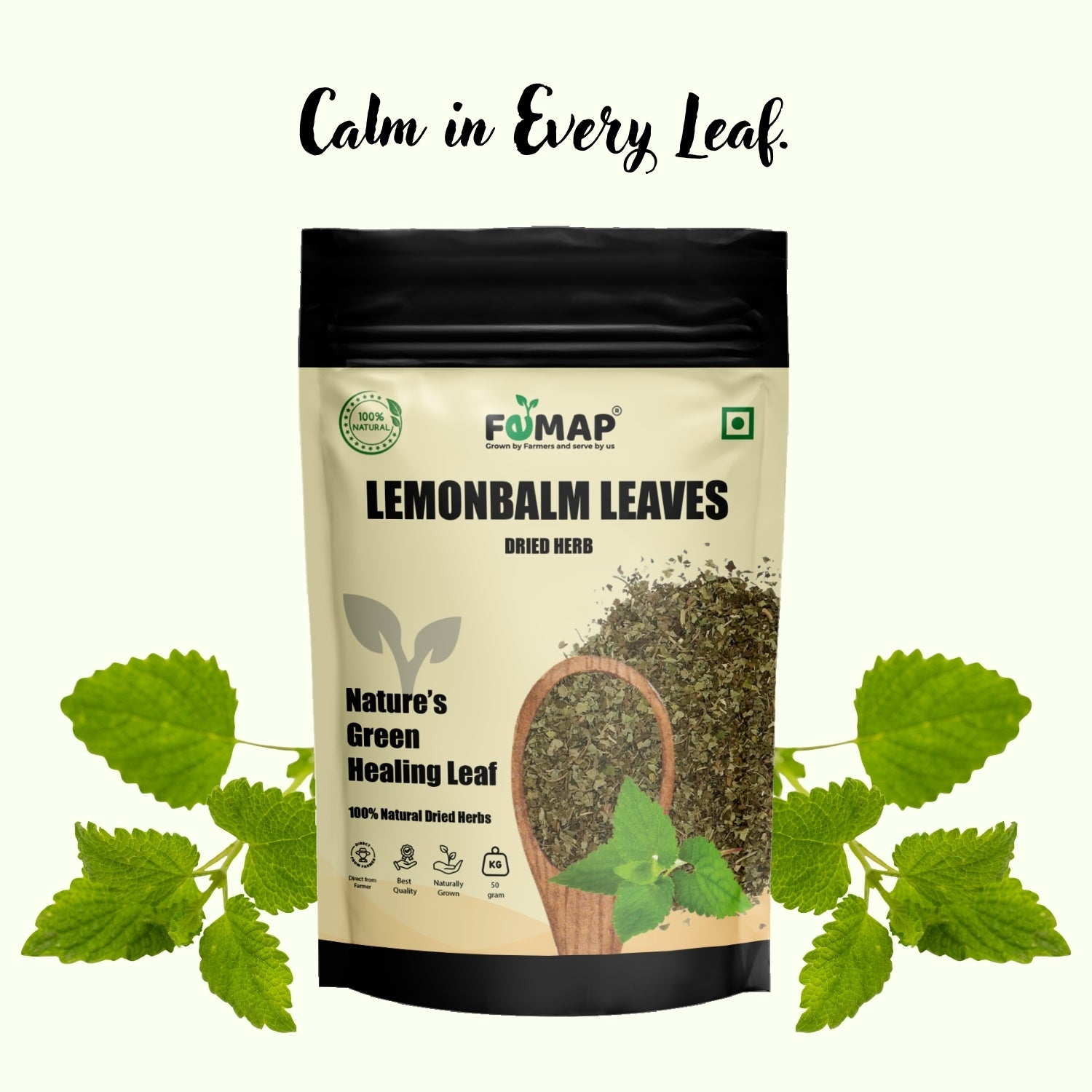 FEMAP lemonbalm leaves packaging with lemonbalm leaves on a white background