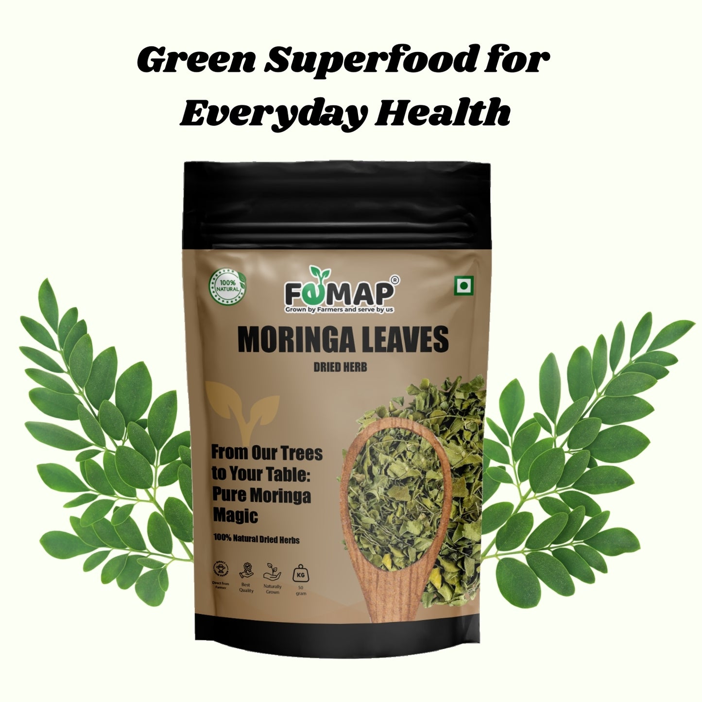 FEMAP Moringa Leaves packaging with green leaves on a white background