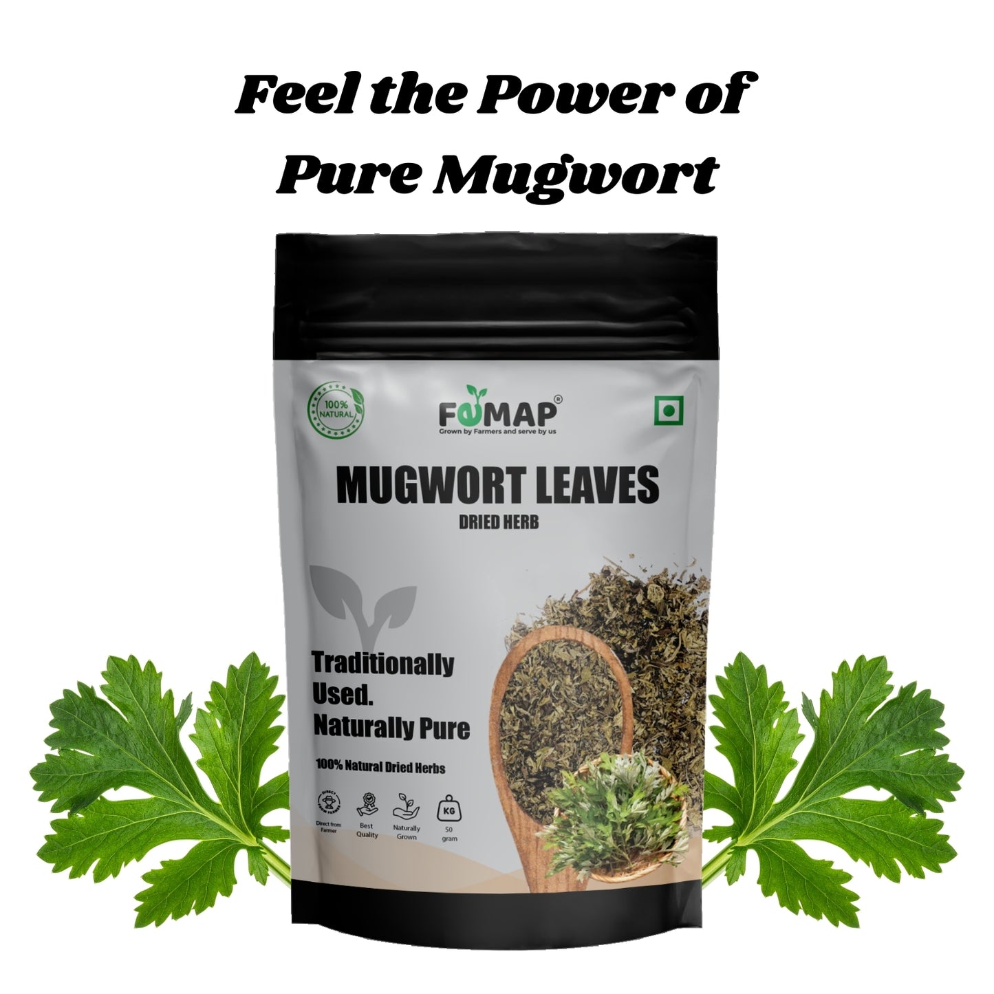 Package of FEMAP Mugwort Leaves with mugwort leaves on a white background