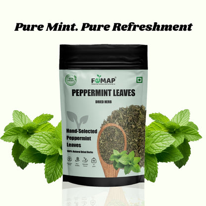 FEMAP peppermint leaves packaging with fresh mint leaves on a white background