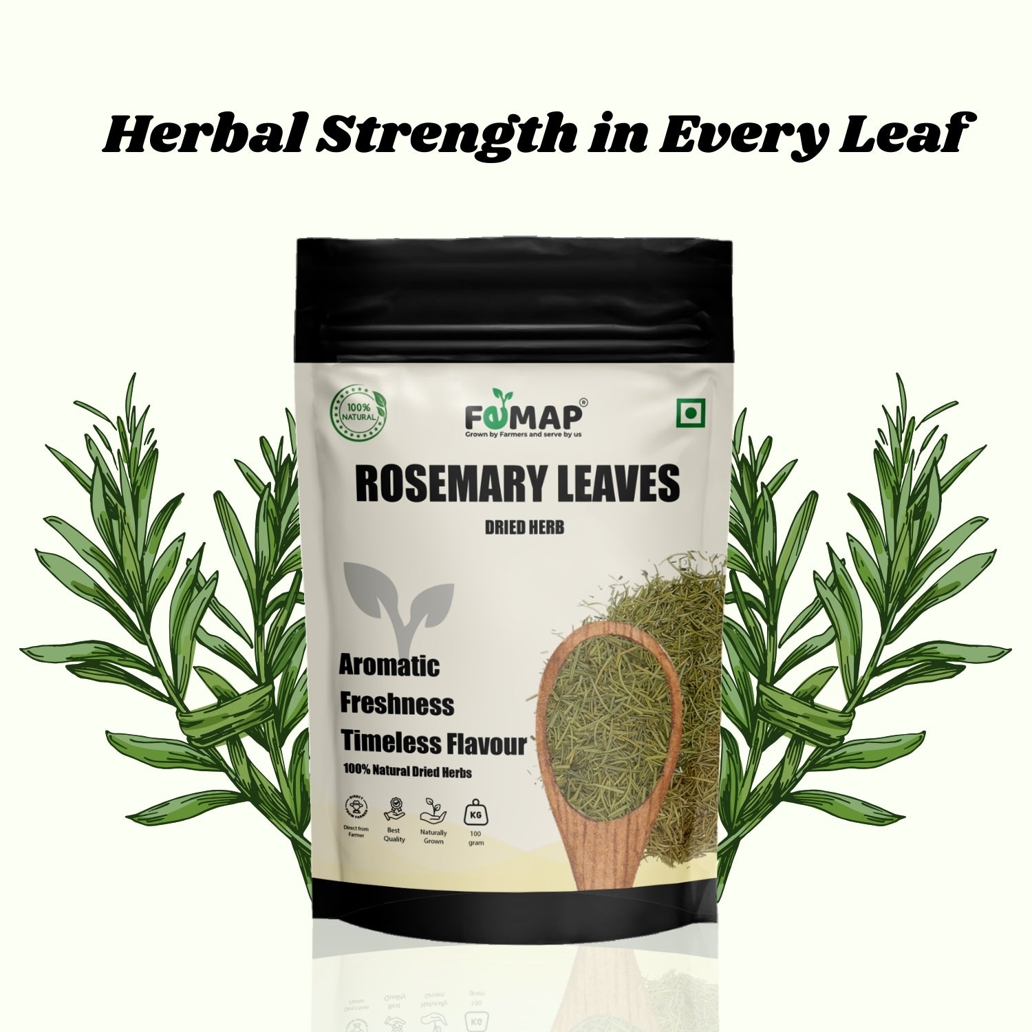 FEMAP rosemary leaves packaging with rosemary leaves on a white background