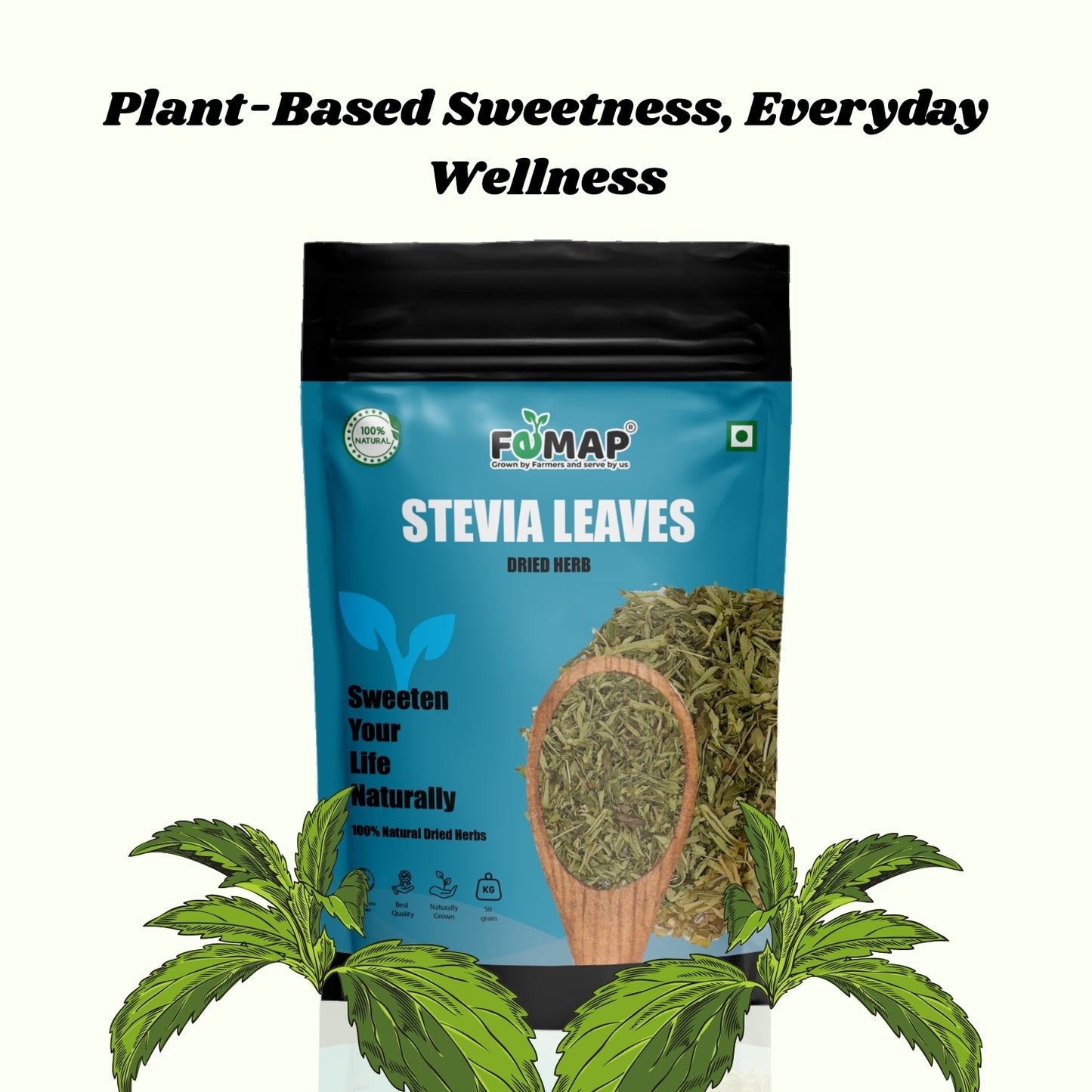 FEMAP Stevia Leaves package with plants on a white background