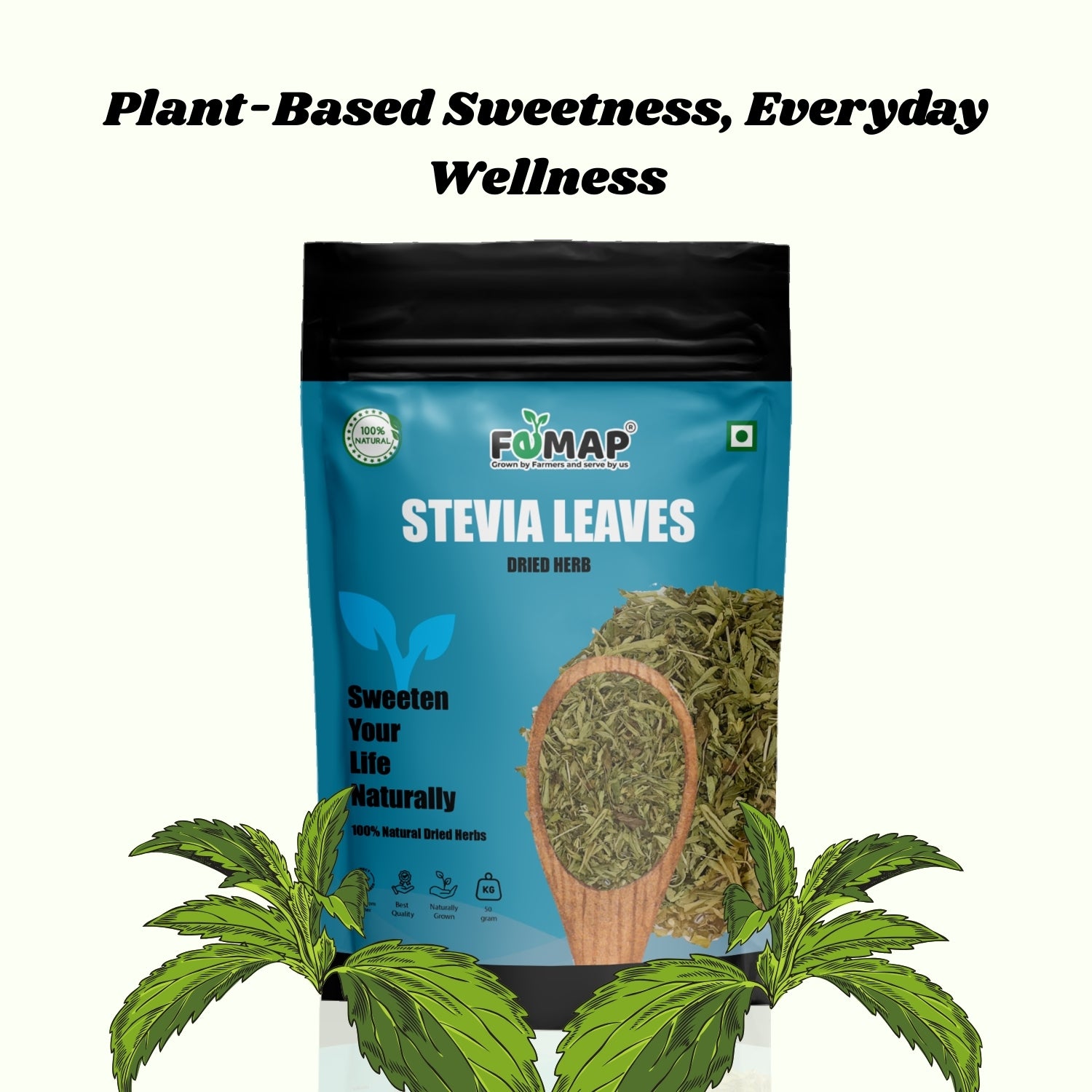 FEMAP Stevia Leaves package with plants on a white background