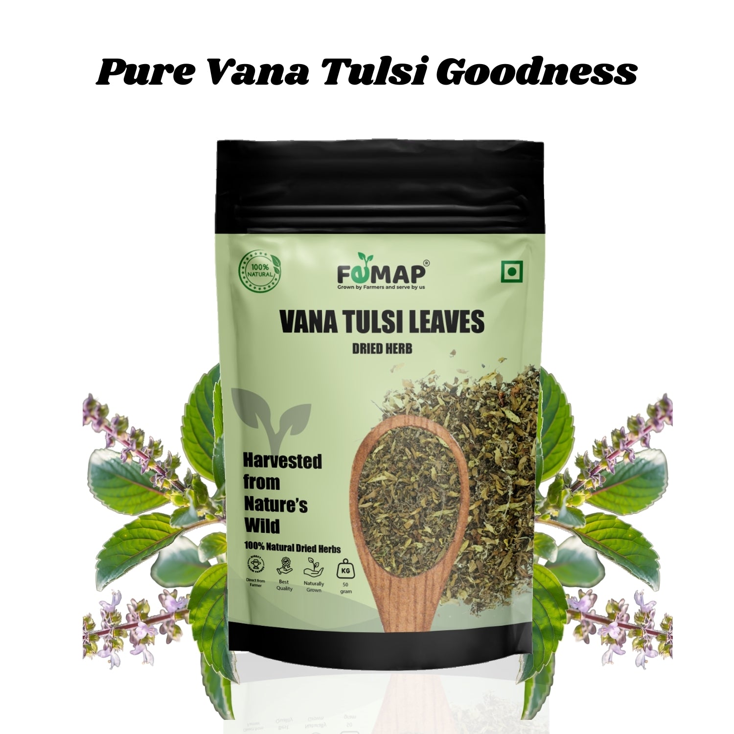FEMAP Vana Tulsi Leaves packaging with green leaves and flowers on a white background