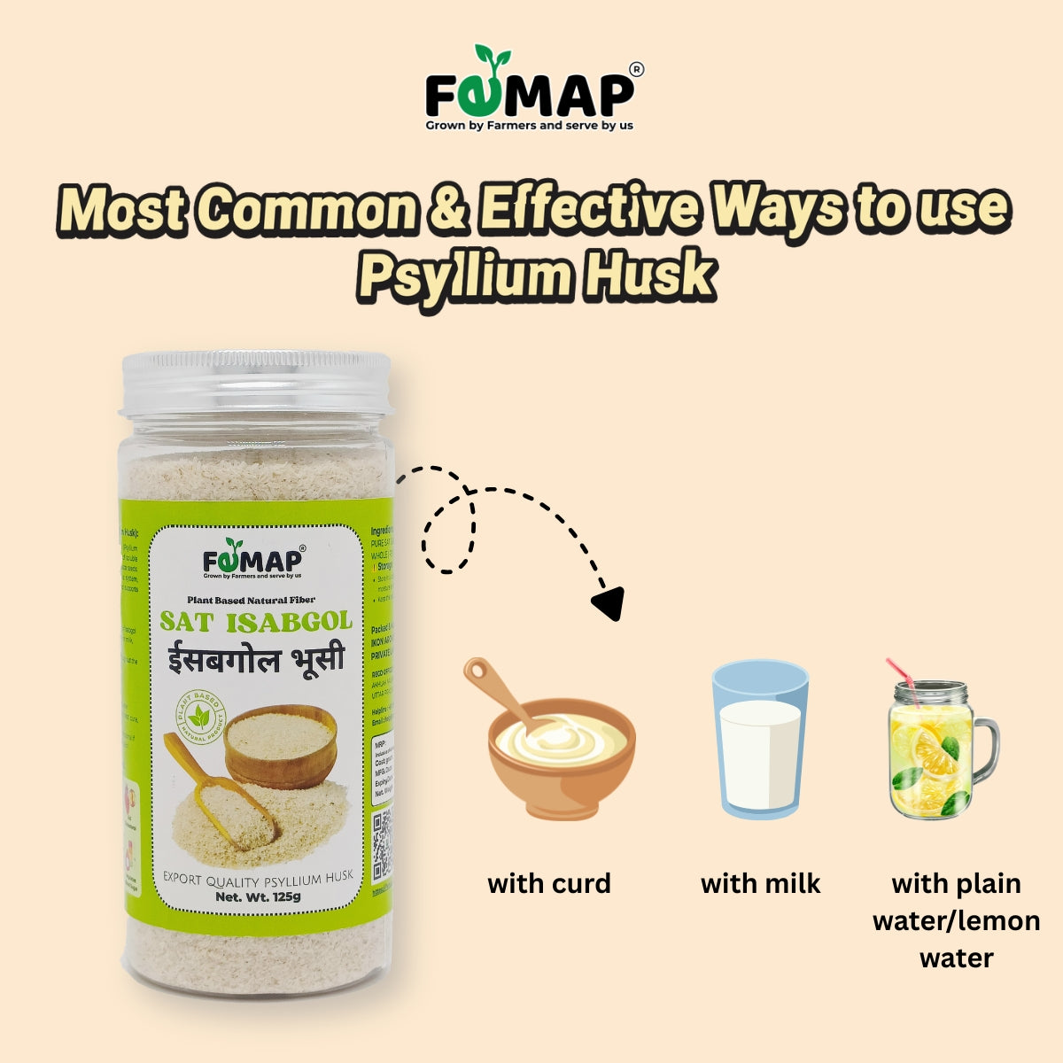 FOMAP psyllium husk packaging with usage instructions on a beige background