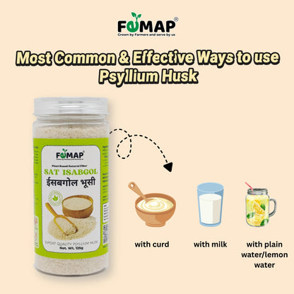 FOMAP psyllium husk packaging with usage instructions on a beige background