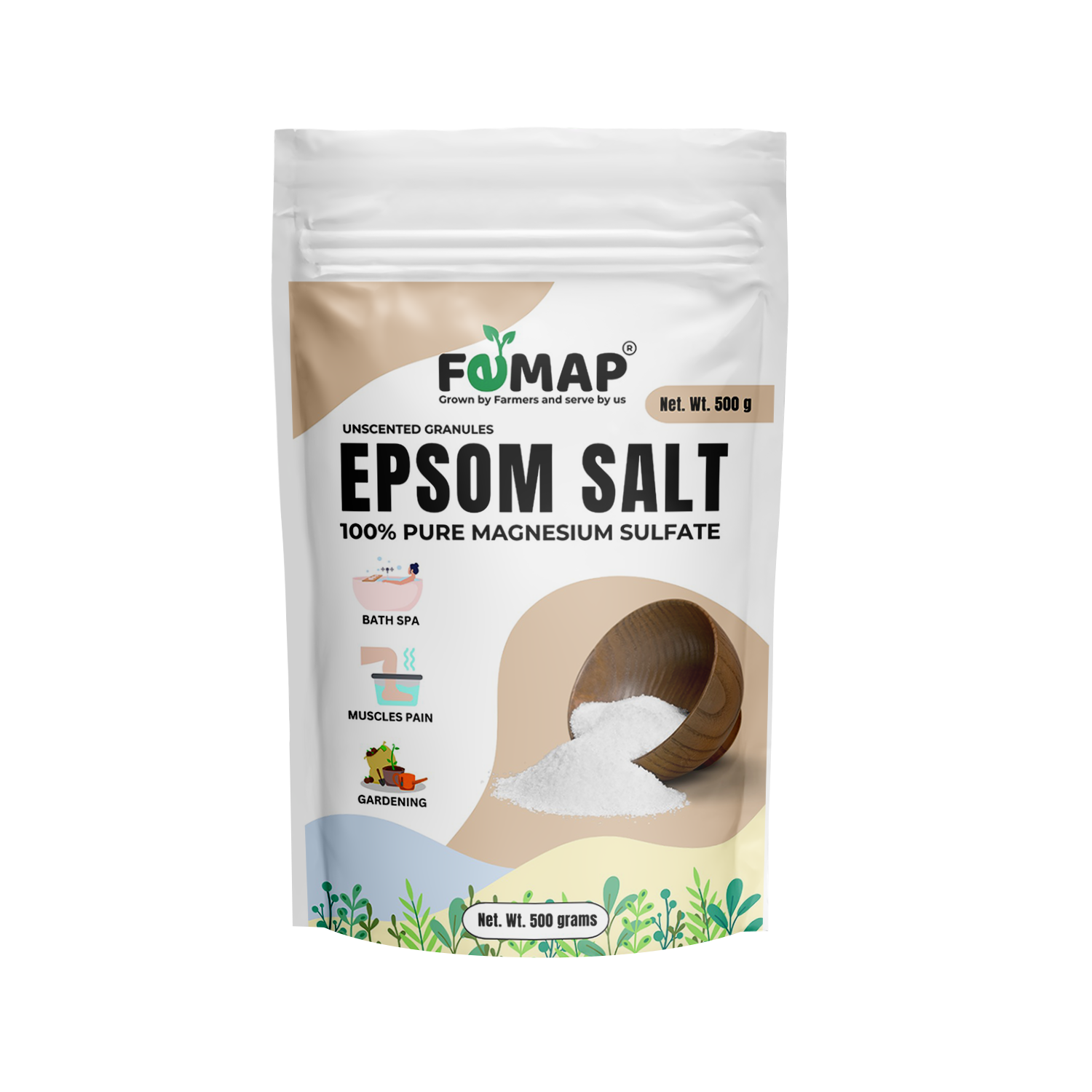 Epsom Salt 500g benefits chart by FEMAP showing uses like muscle pain relief, sunburn soothing, swelling reduction, skincare, and stress relief