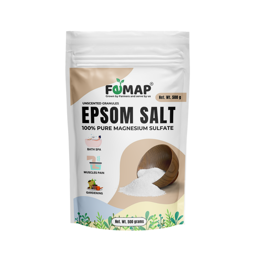 Epsom Salt 500g benefits chart by FEMAP showing uses like muscle pain relief, sunburn soothing, swelling reduction, skincare, and stress relief