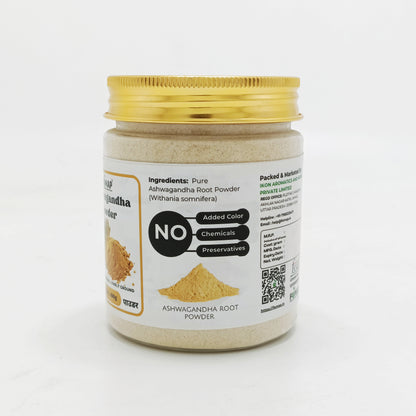 Jar of Ashwagandha root powder with a gold lid on a white background