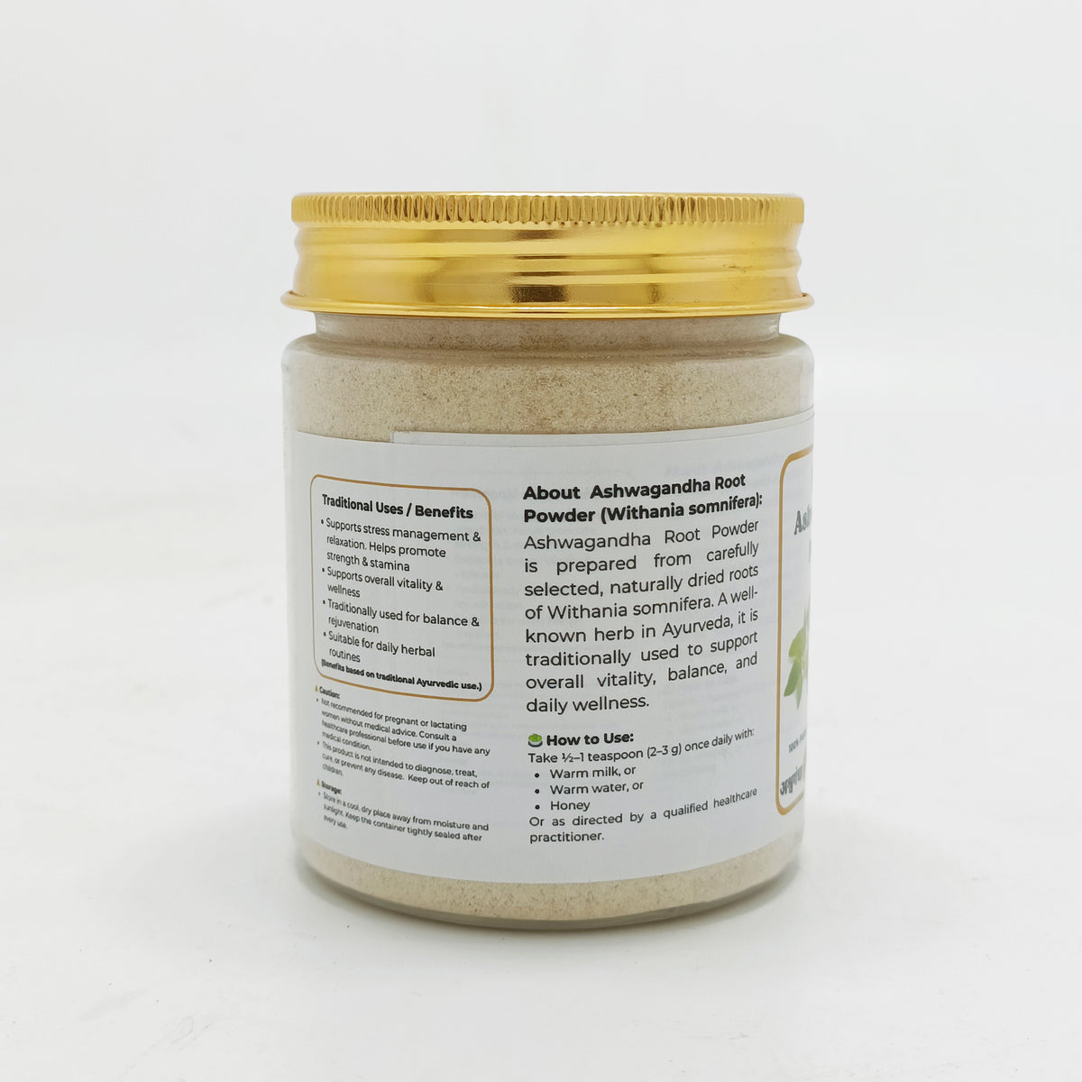 Jar of Ashwagandha root powder with a gold lid on a white background