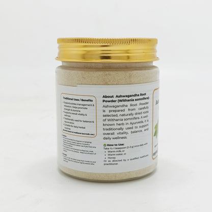Jar of Ashwagandha root powder with a gold lid on a white background