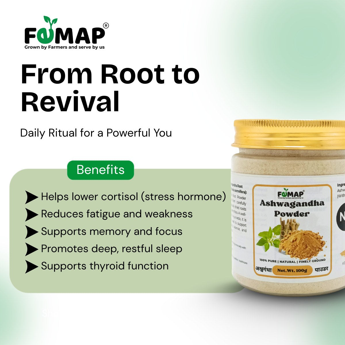 FEMAP Ashwagandha Powder jar with benefits listed on a light green background