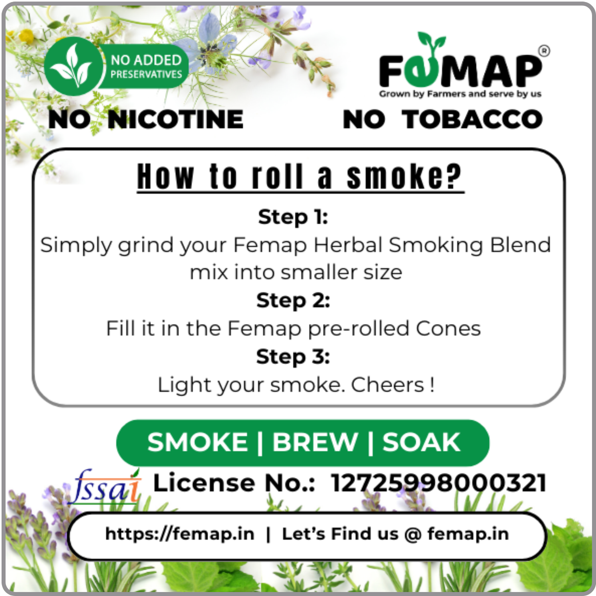 FEMAP herbal smoking blend packaging with instructions on how to use the product.