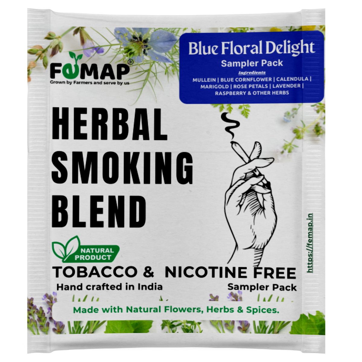 FEMAP Herbal Smoking Blend sampler pack with floral design and text on a white background