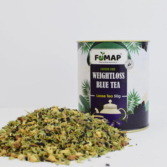 FEMAP Blue Tea Loose Tea 50 g – front view with butterfly pea flower pack and loose blue herbal tea blend