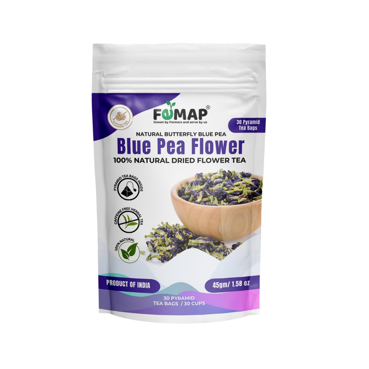 Packaging of FEMAP Butterfly Pea Flower Tea Bags displaying the product name, image of the tea bags, and a bowl of steeped tea. The package highlights that the tea is 100% natural and has a product of India origin.