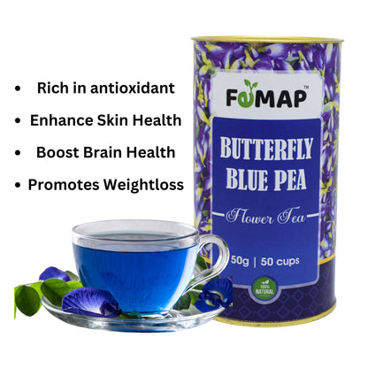 FEMAP Blue Pea Flower Tea with blue infusion in glass cup showcasing benefits like antioxidants, brain health, and weight loss