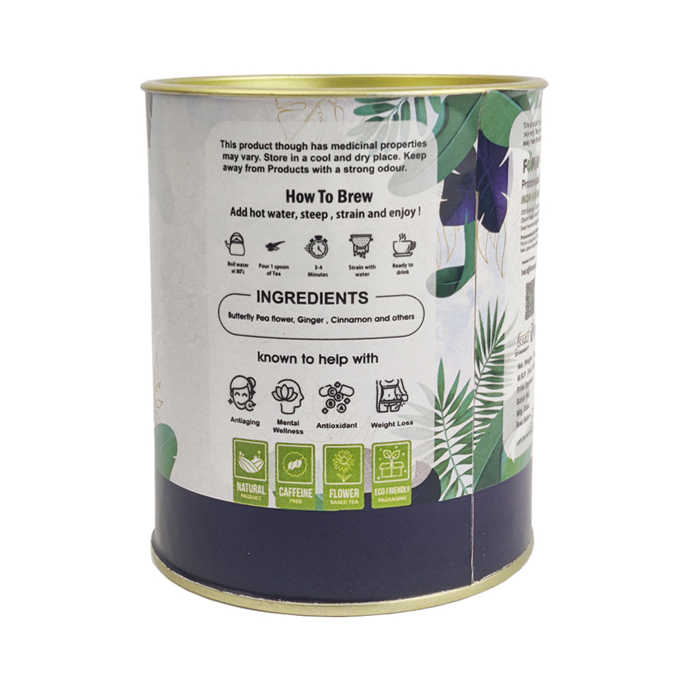 Back label of FEMAP Blue Tea Loose Tea – ingredients list, nutrition facts, storage instructions