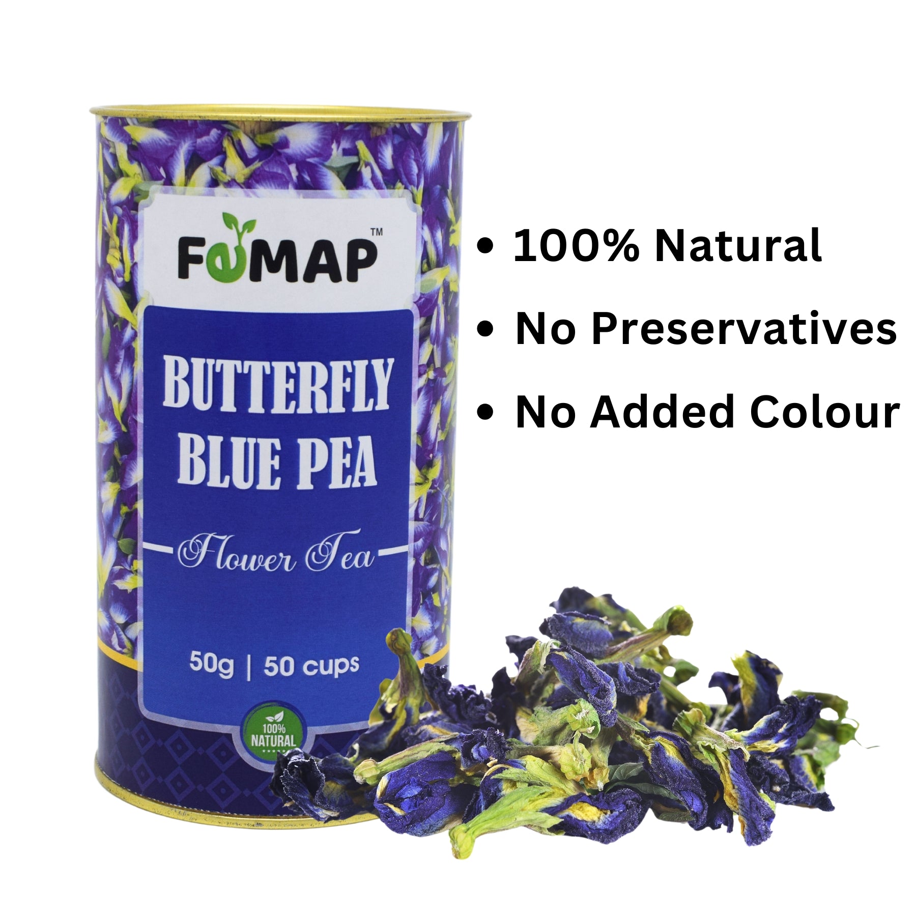 FEMAP Butterfly Blue Pea Tea highlighting 100% natural, no preservatives, no added colour benefits