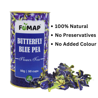 FEMAP Butterfly Blue Pea Tea highlighting 100% natural, no preservatives, no added colour benefits