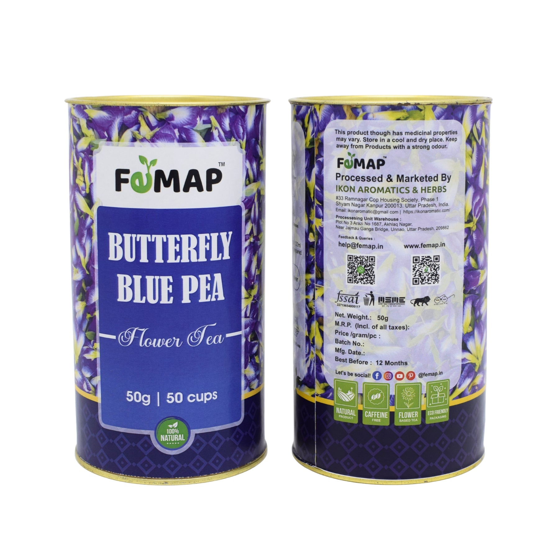 FEMAP Butterfly Blue Pea Flower Tea front and back packaging with product details, ingredients, and contact information - 50g herbal tea