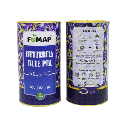 Front and back view of FEMAP Butterfly Blue Pea Tea showing ingredients and brewing instructions