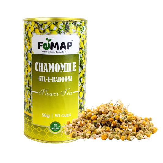 Front view of FOMAP Chamomile Flower Tea (Gul-E-Baboona) 50g can with floral design – 100% natural herbal tea