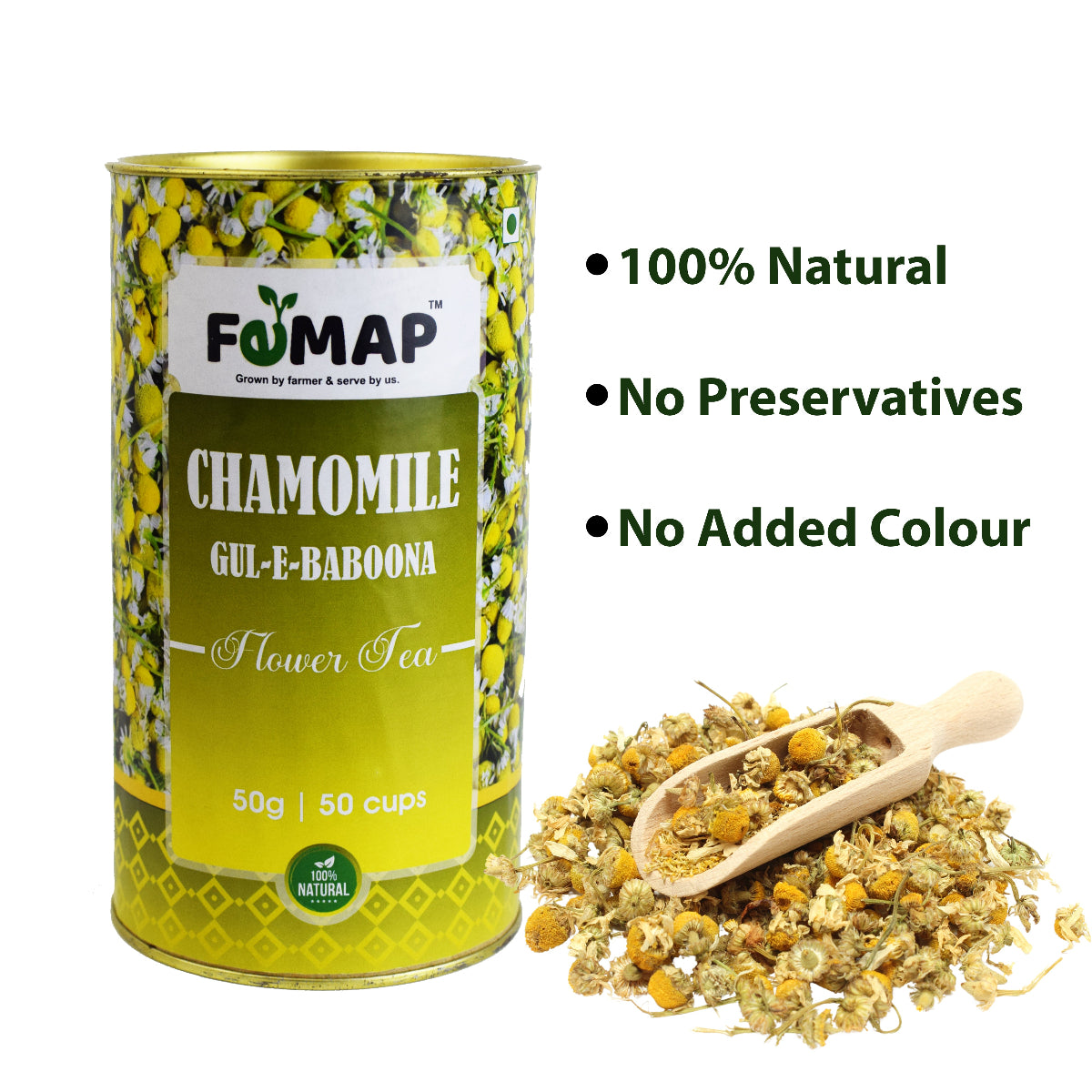 FEMAP Chamomile Flower Tea with dried chamomile flowers and wooden scoop – 100% natural, no preservatives