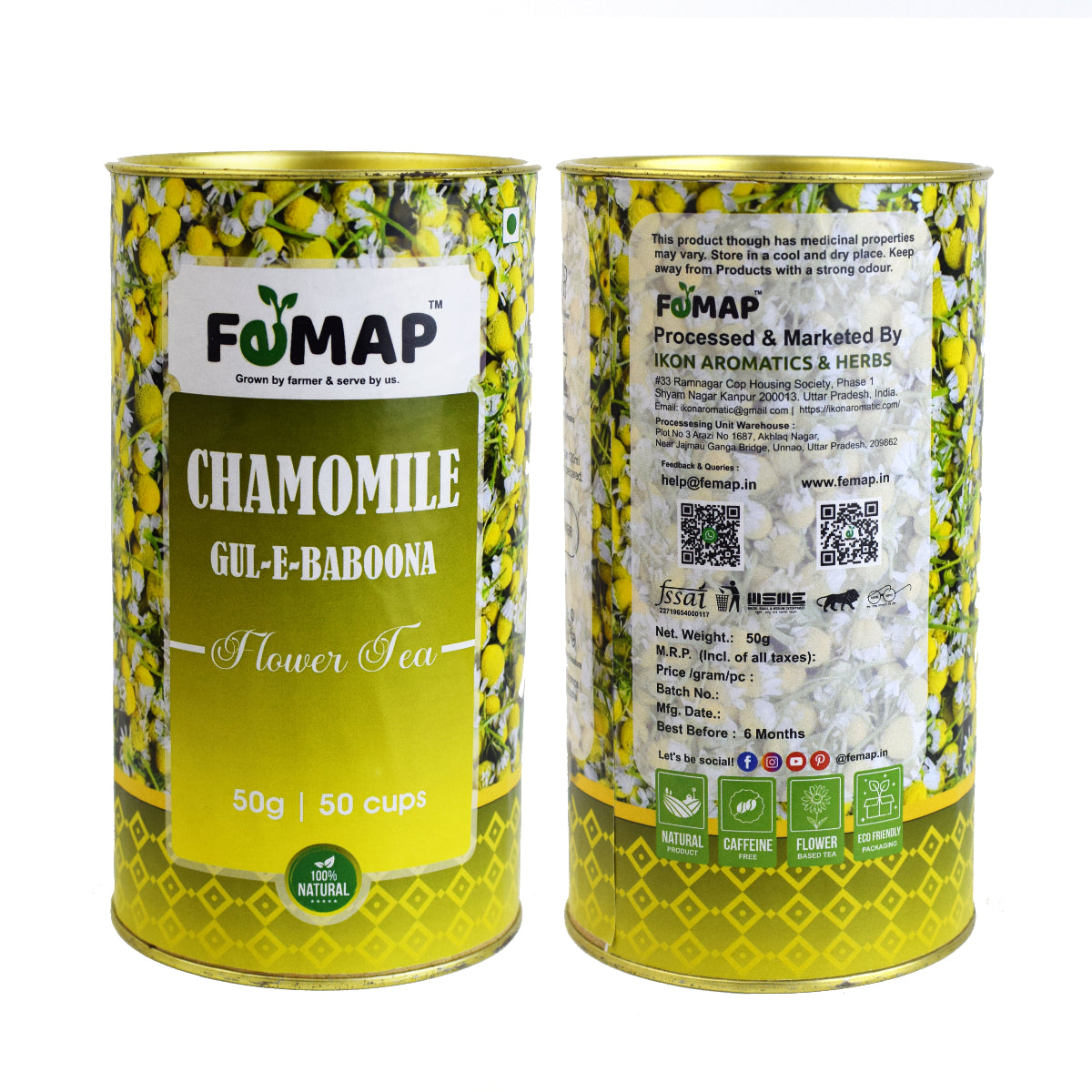 FEMAP Chamomile Tea 50g can – front and back packaging showing label, ingredients, and product information