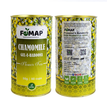 FEMAP Chamomile Tea 50g can – front and back packaging showing label, ingredients, and product information